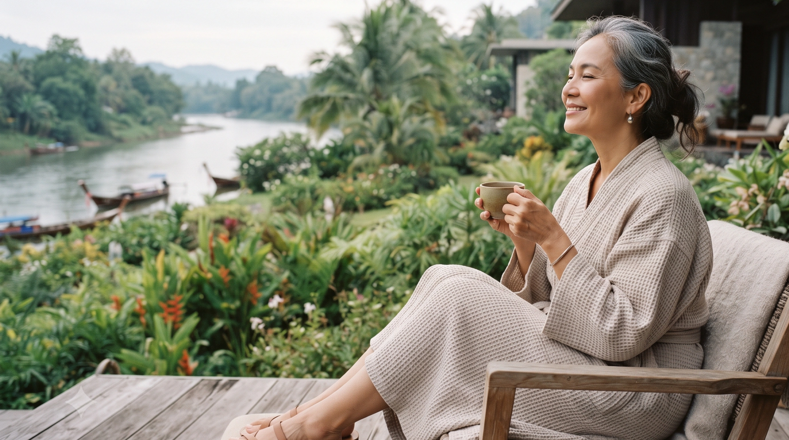 Guest relaxing at a WOS-affiliated wellness retreat overlooking the river